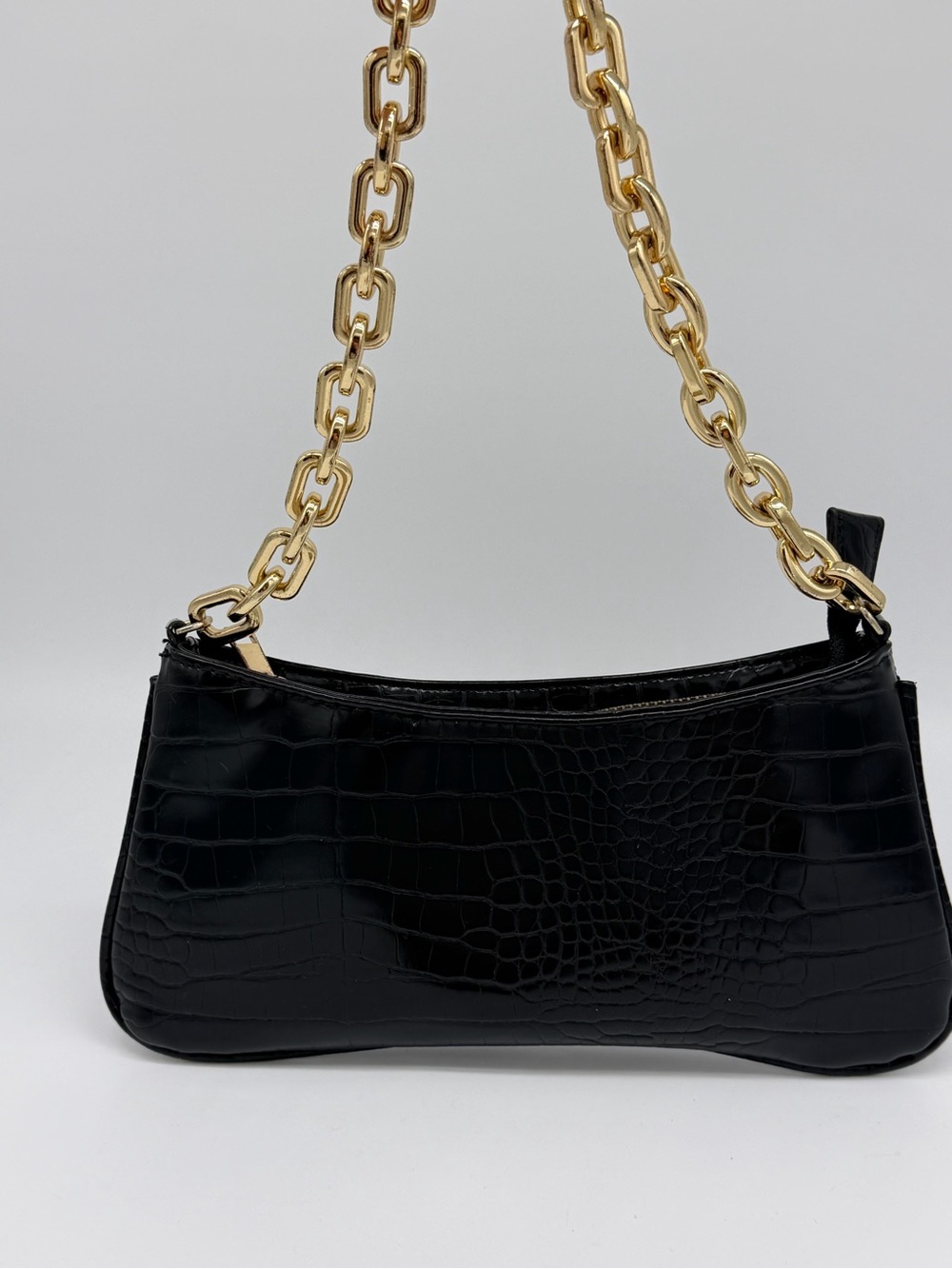 Zara Black Croc-Embossed Shoulder Bag with Gold Chain
